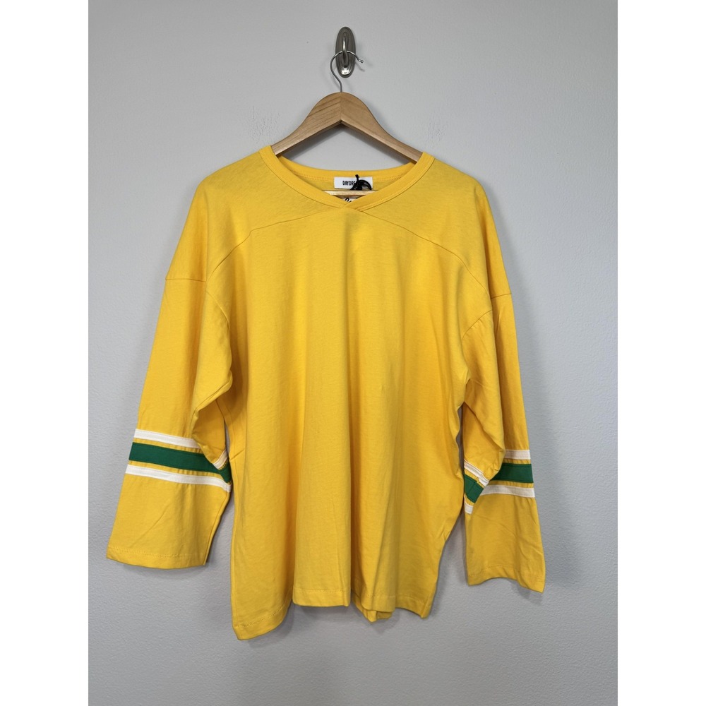 Daydreamer Shirt Women's L/XL Yellow Varsity Stripe Jersey Oversized 3/4 Sleeve